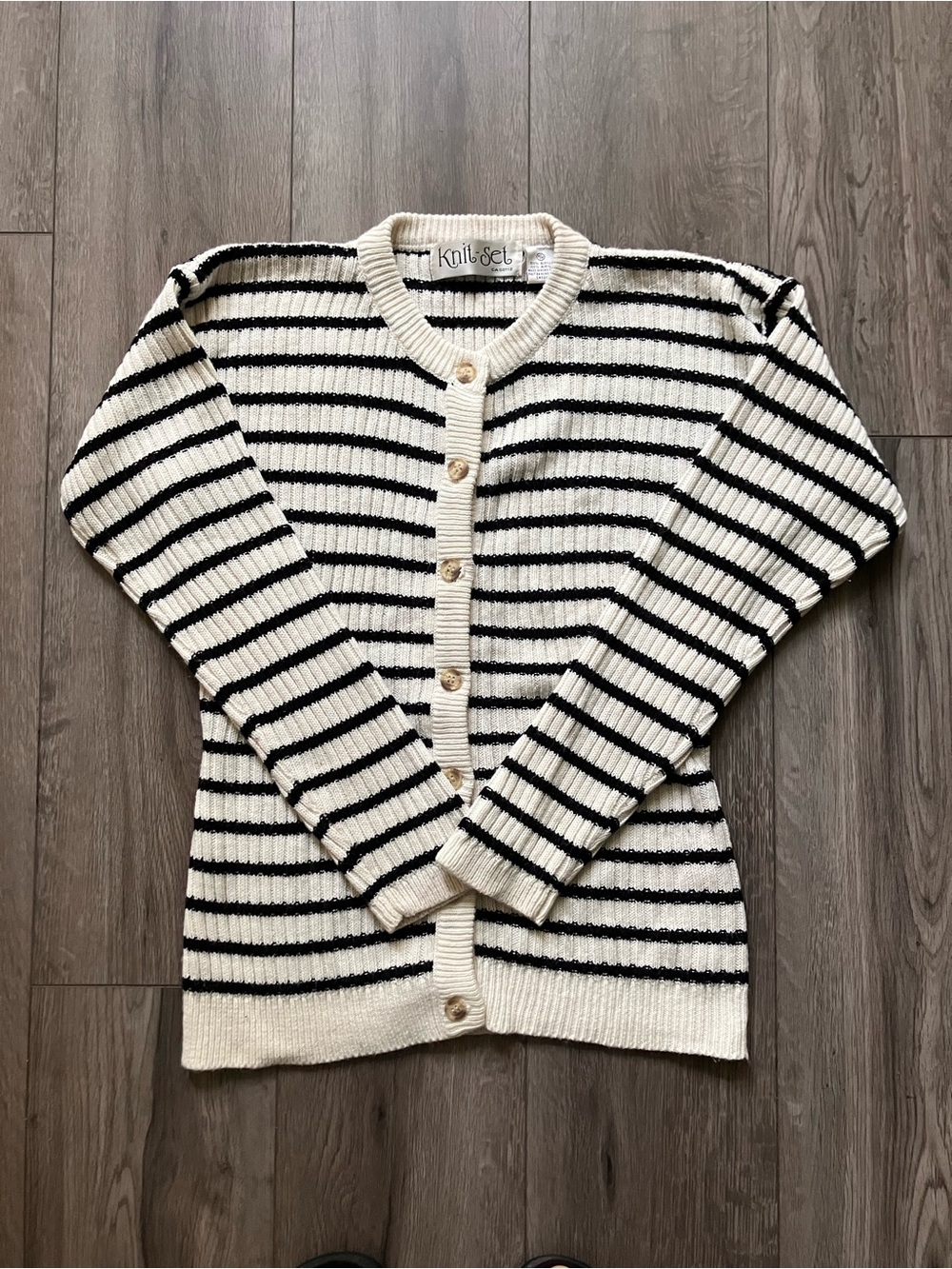 Knit-Set Vintage Striped Cardigan Sweater Women’s M White Black Ribbed Button